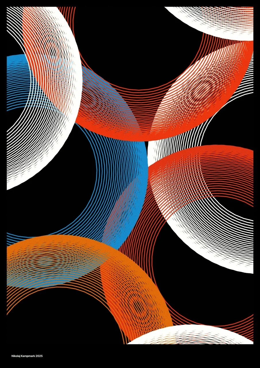 Abstract artwork featuring overlapping curved lines in white, blue, red, and orange on a black background, creating circular and semi-circular patterns.
