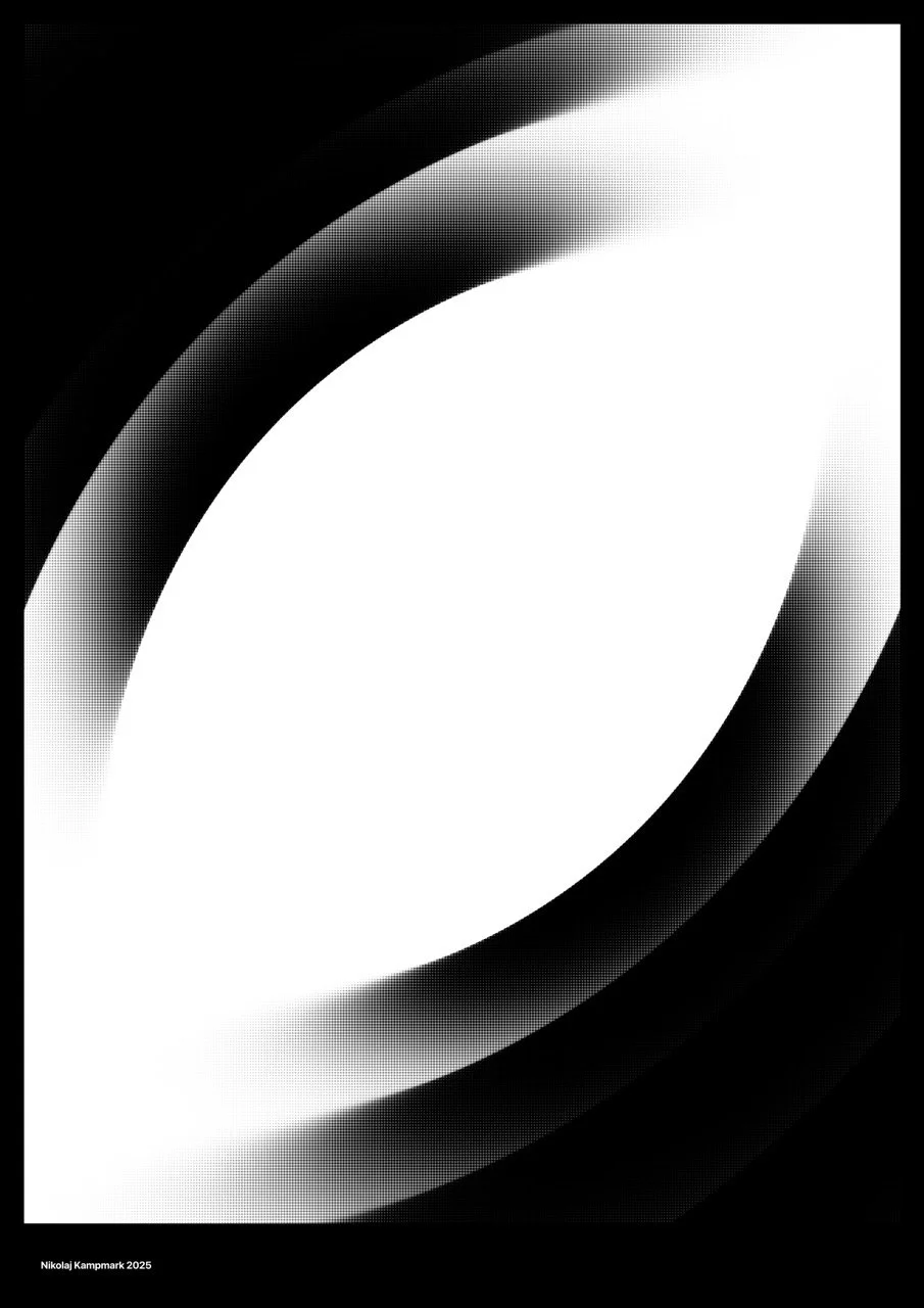 Abstract black and white digital art featuring a central white shape with curved black and gray gradient borders, creating a sleek, modern design.