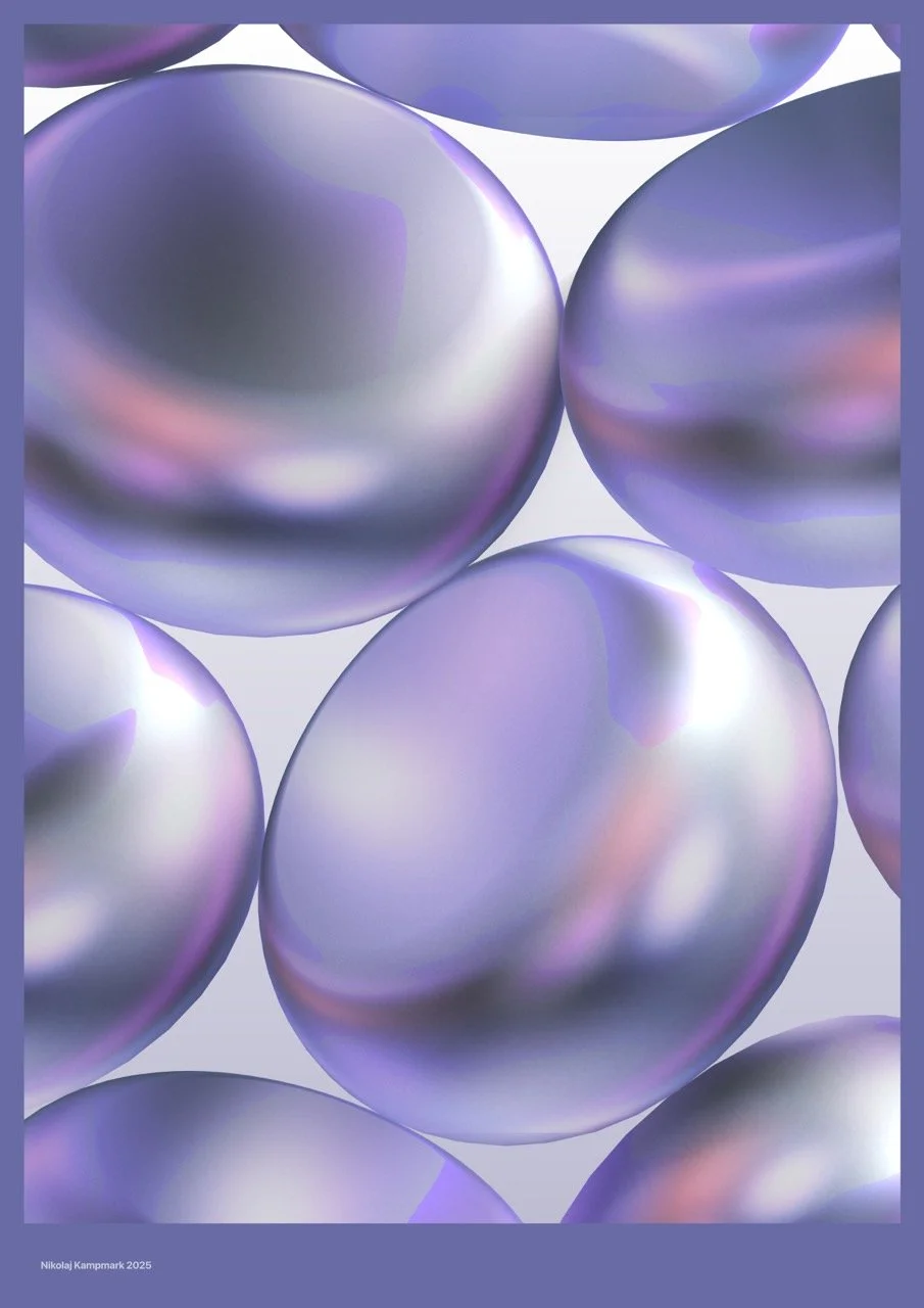 Abstract digital artwork featuring shiny, iridescent spheres in shades of purple, blue, and silver with a smooth, reflective surface.