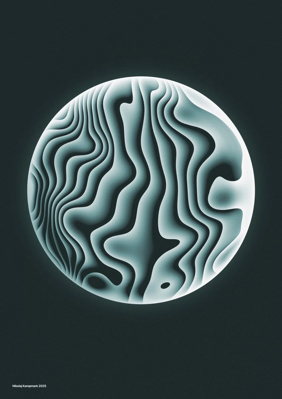 Abstract black and white spherical artwork with flowing organic lines, resembling a topographic map or marbled pattern.