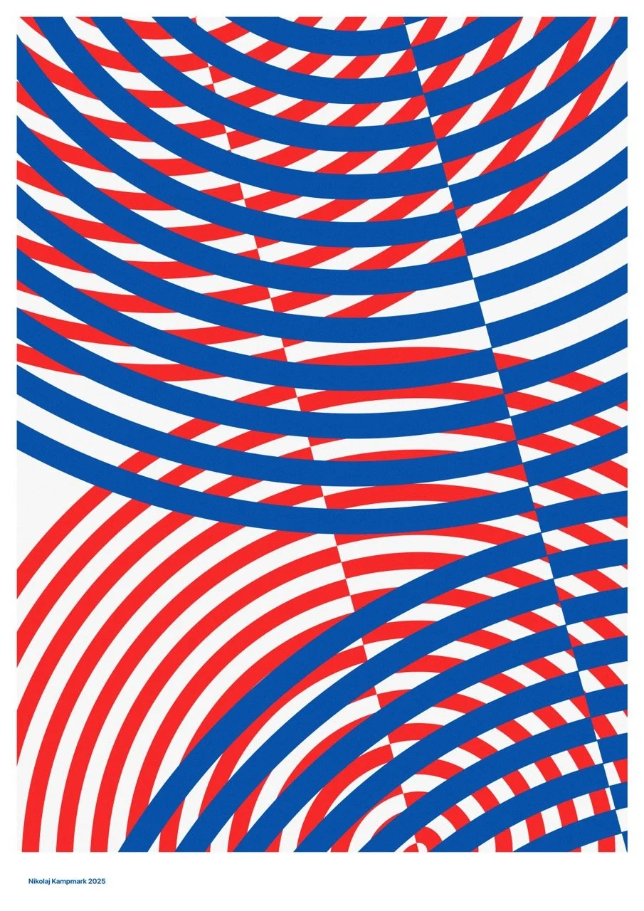 An optical illusion artwork with red, white, and blue curved lines and circles creating a spiraling, wave-like pattern.