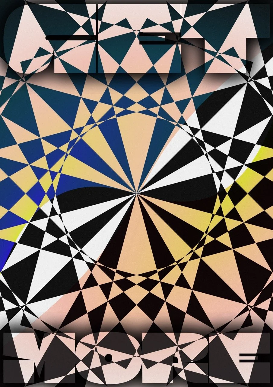 Abstract geometric pattern with black, white, blue, yellow, and peach shapes creating a kaleidoscope effect.