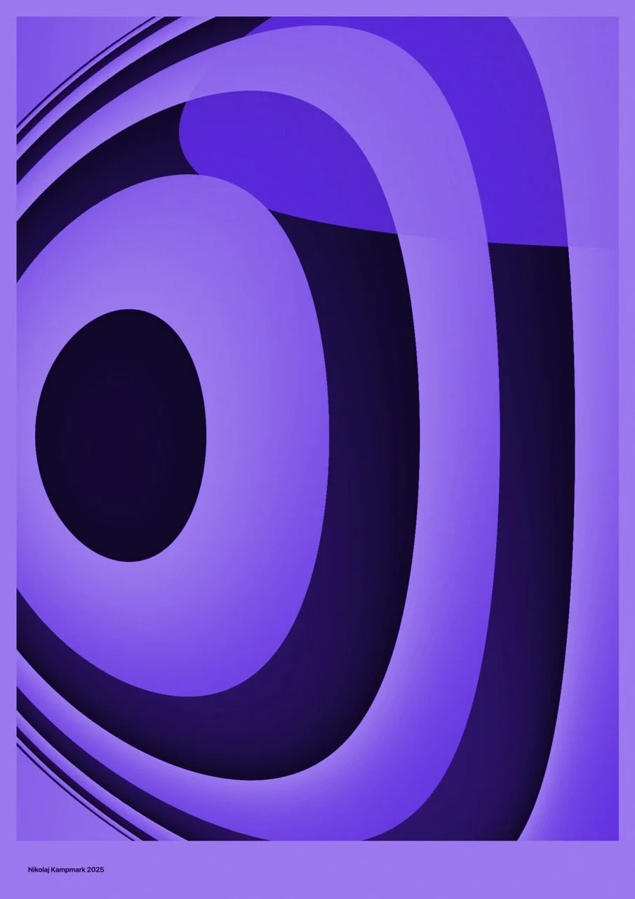 Abstract digital art with purple and black swirling geometric shapes and curved lines.