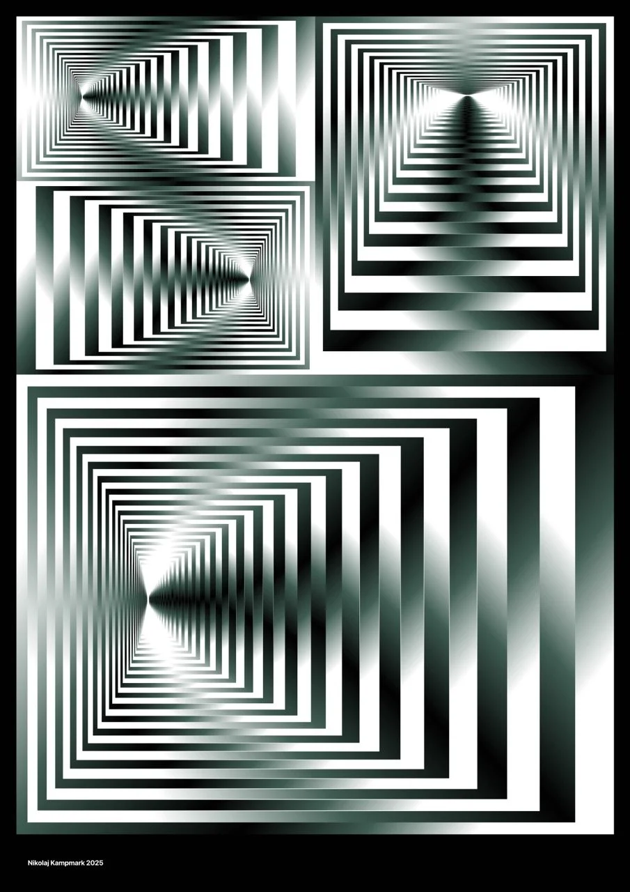 An optical illusion artwork featuring repetitive black and white squares and rectangles creating a tunnel-like and three-dimensional visual effect with varying perspectives.