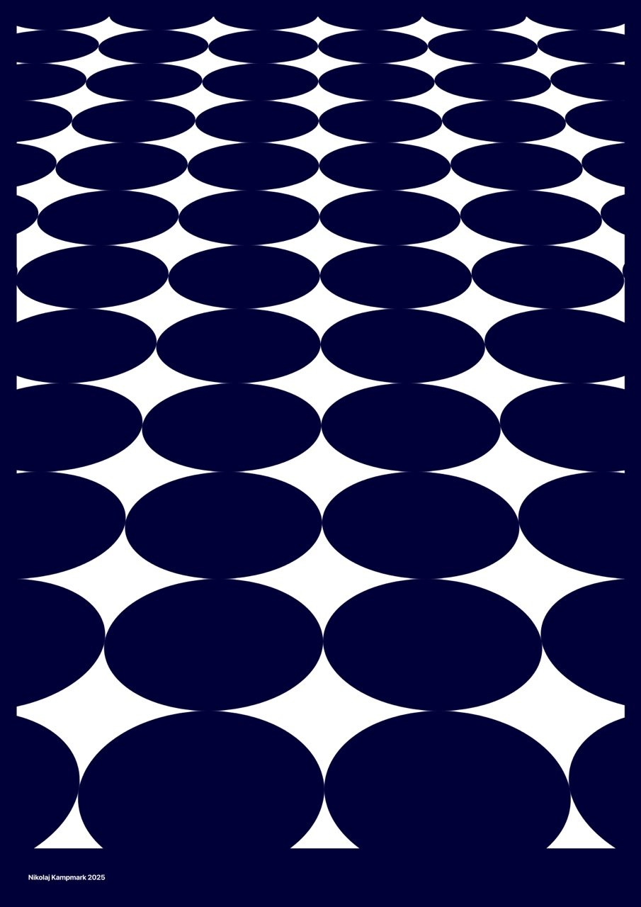 A digital artwork with a pattern of large black ovals and white starburst shapes on a dark background, creating an optical illusion effect.
