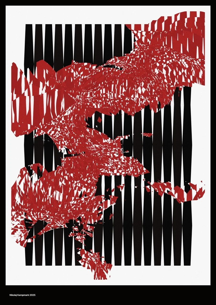 Abstract art piece with red and black geometric shapes forming a distorted map of the United States, against a white background with black vertical lines.
