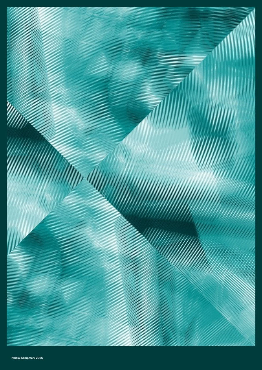 Abstract turquoise and white geometric pattern with lines and cloud-like formations.