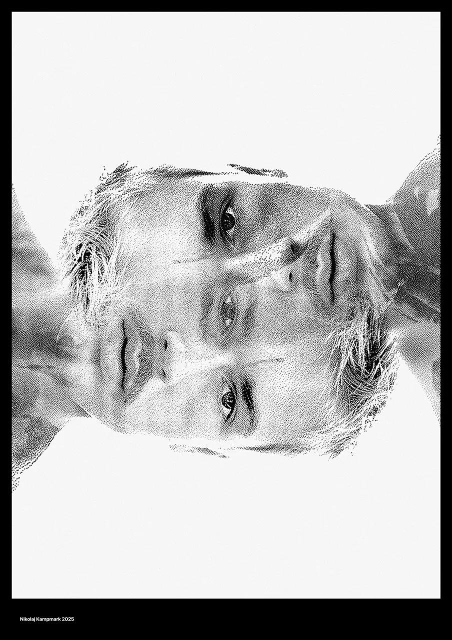 Black and white digital artwork of a person's face with eyes closed, with the image flipped upside-down.