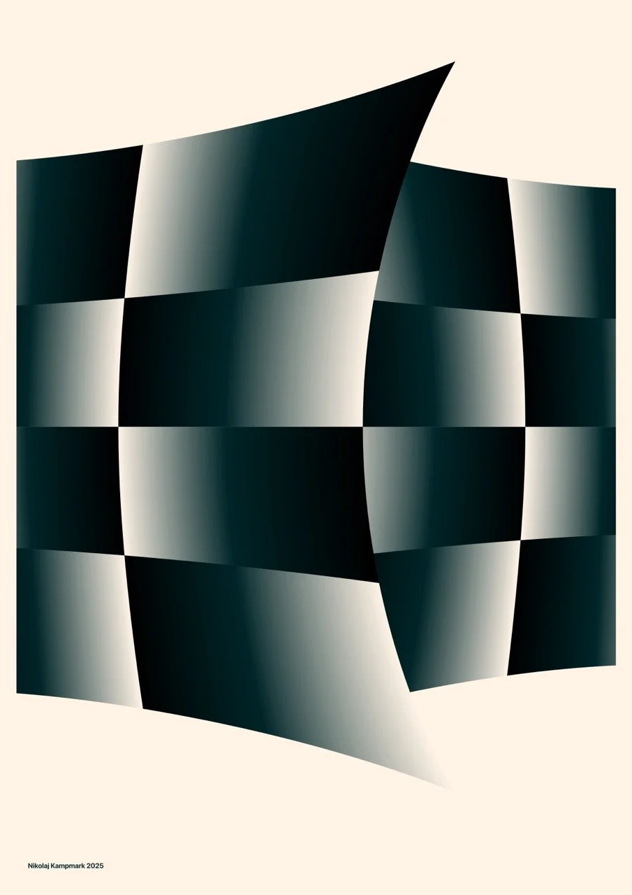 Abstract digital artwork featuring a distorted black and white checkered pattern resembling a waving flag.