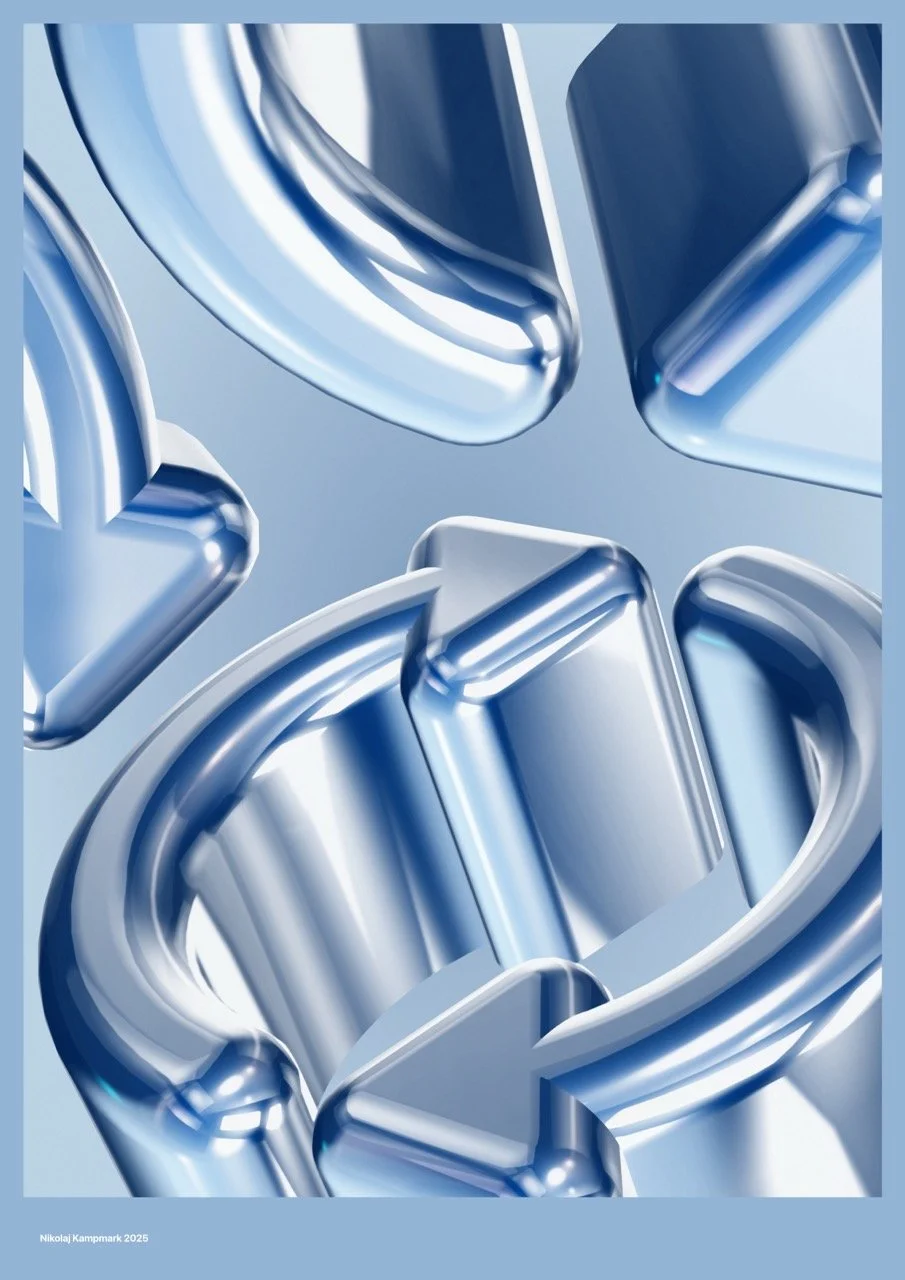 A digital illustration of metallic ice cubes with a shiny, reflective surface, arranged against a light background.