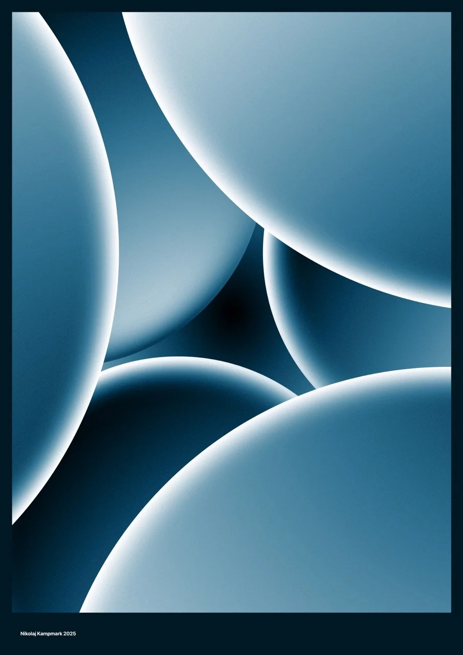 Abstract digital art featuring multiple overlapping smooth, rounded shapes in shades of blue with soft lighting and shadows.
