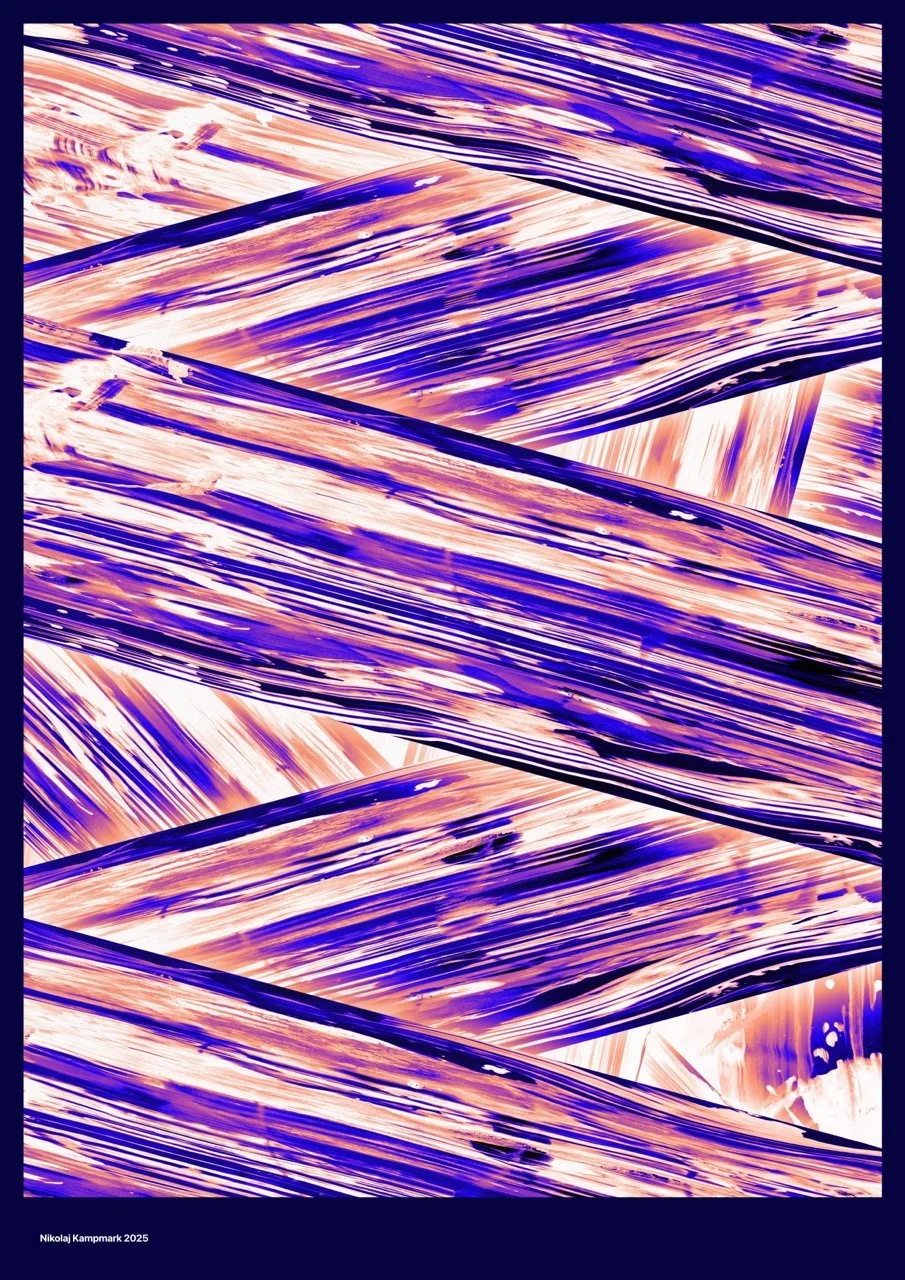 Abstract digital art with dynamic purple, pink, and white streaks and patterns.