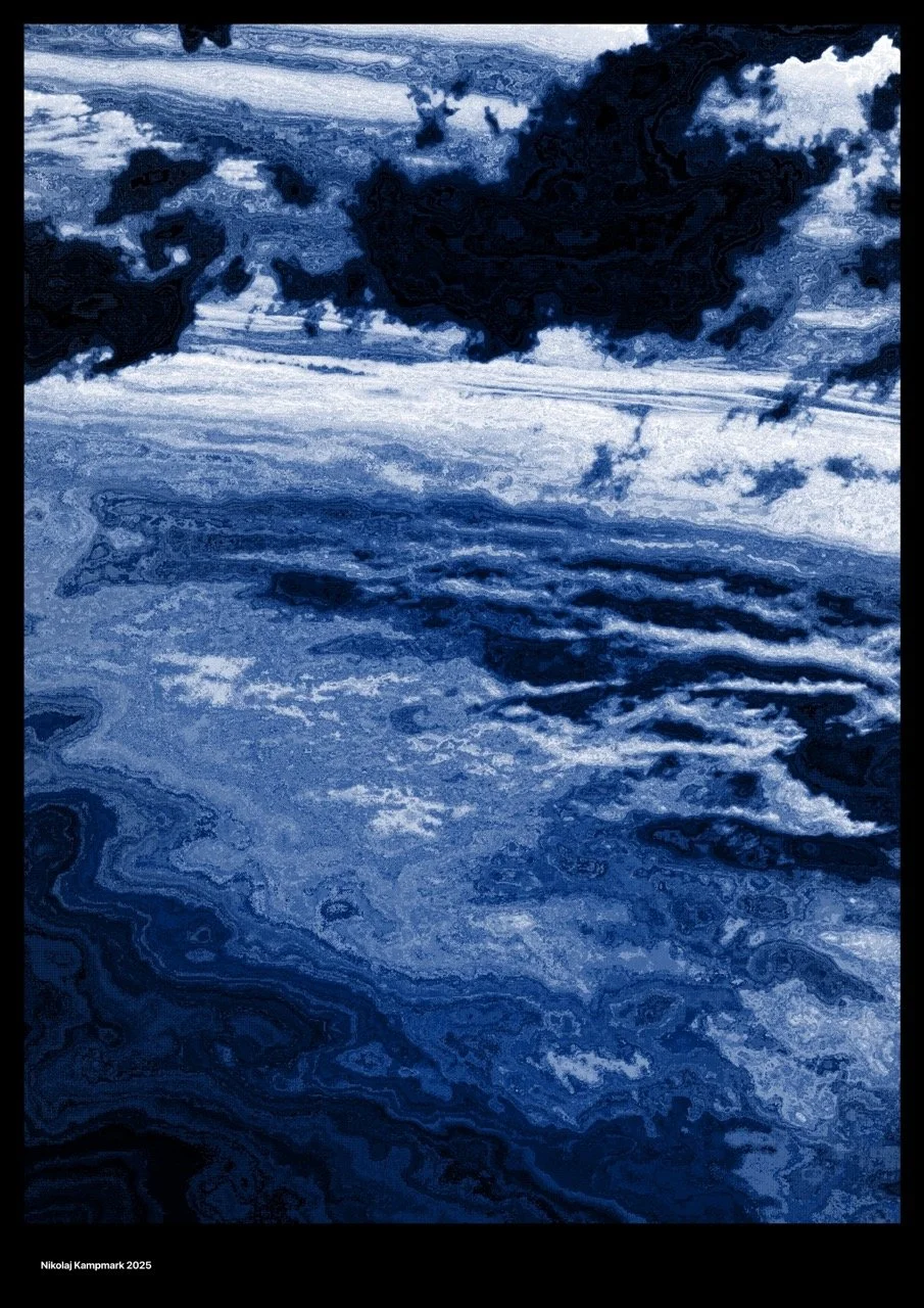An abstract painting of turbulent ocean waves in shades of blue and white.