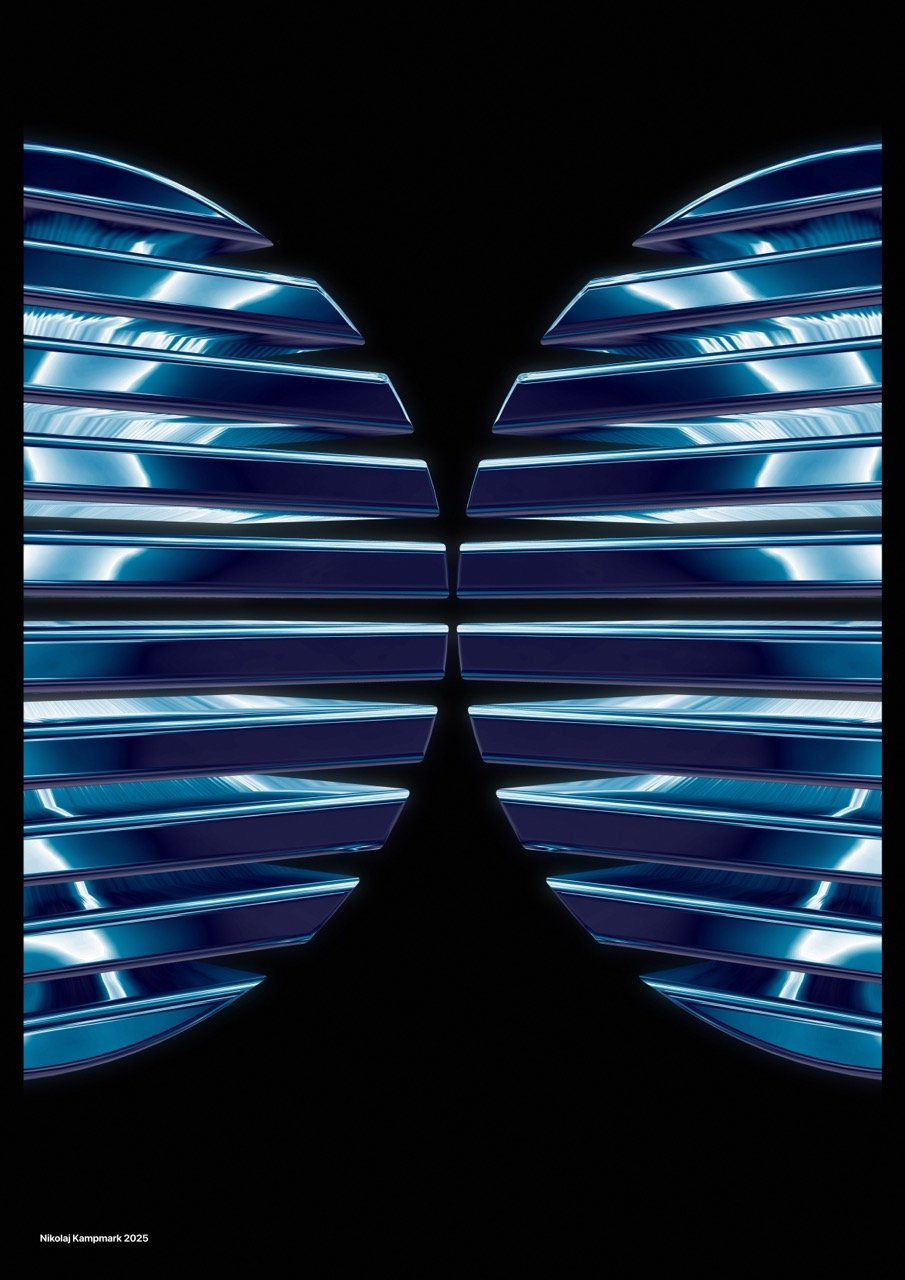 Close-up of a futuristic, illuminated automotive grille with blue lighting accents, reflecting off sleek horizontal slats.