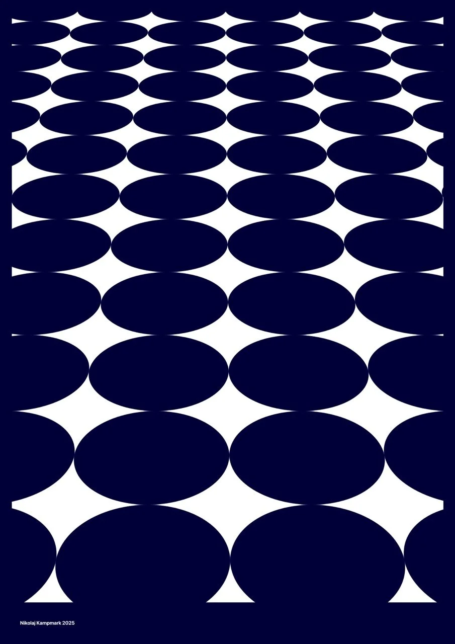 An abstract digital artwork featuring a pattern of large, black oval shapes with white star-like points at their edges, arranged in a grid on a dark background.