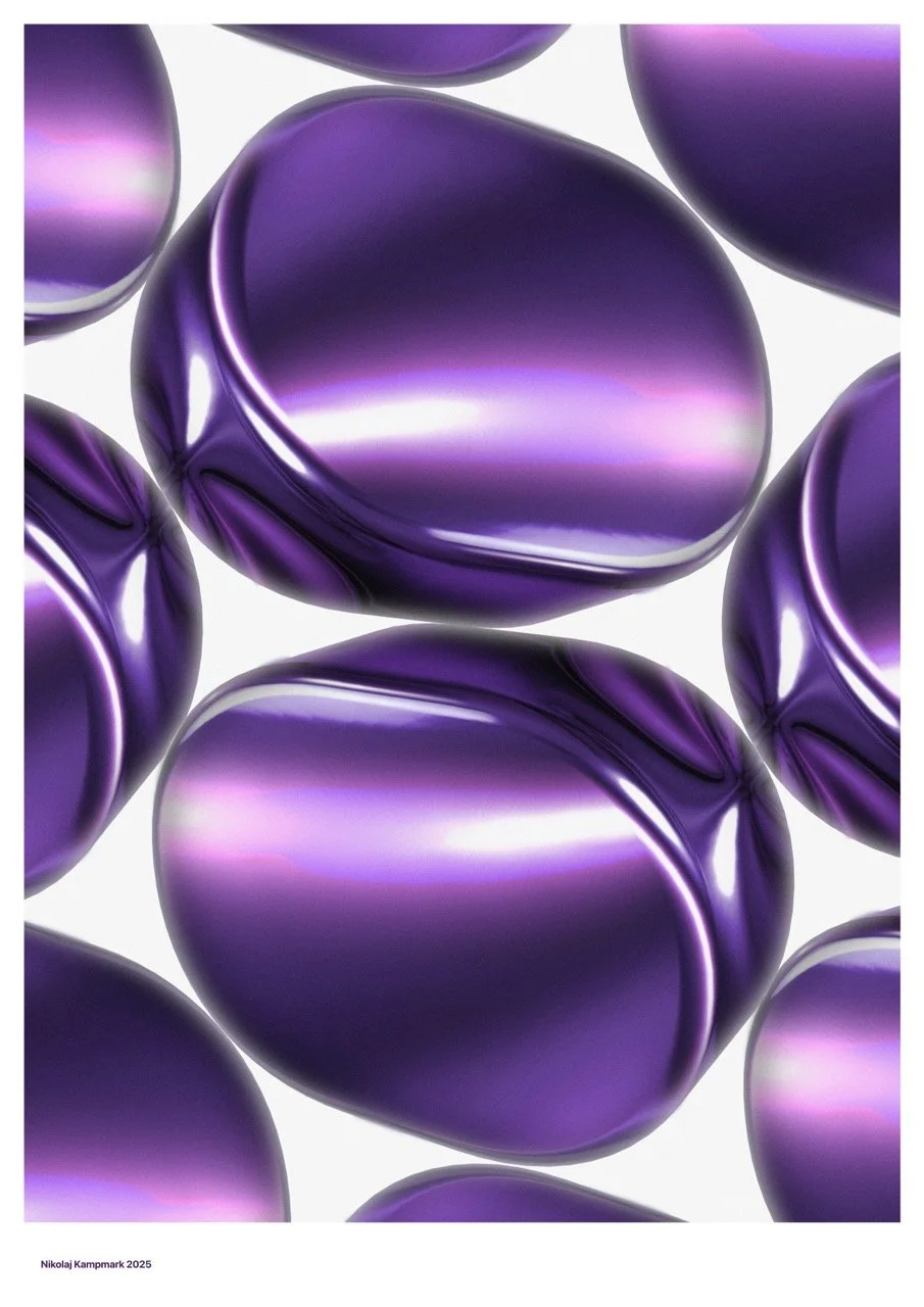 A collection of shiny, smooth, purple stones or pebbles with reflections, arranged on a white background.