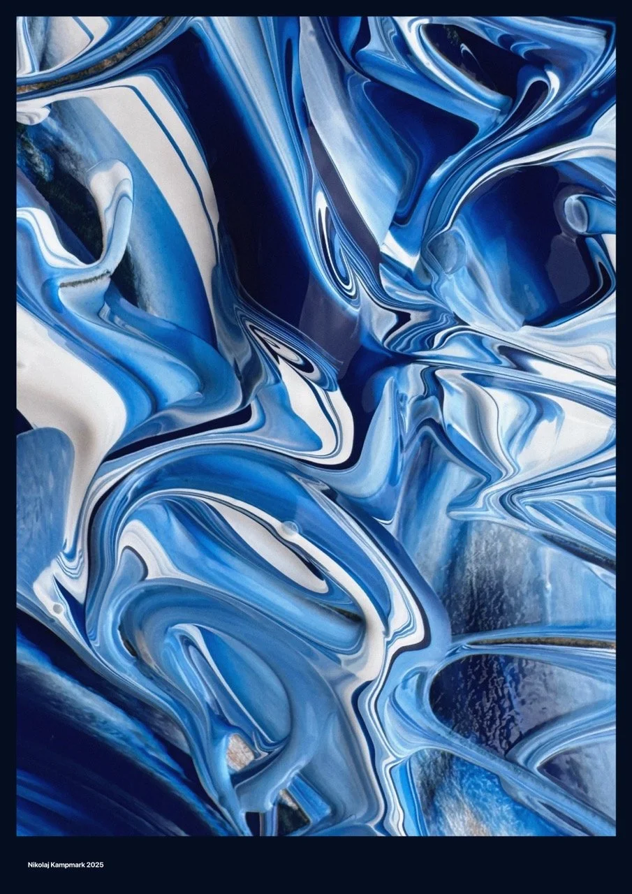 Abstract painting with swirling patterns of blue, white, and black colors.