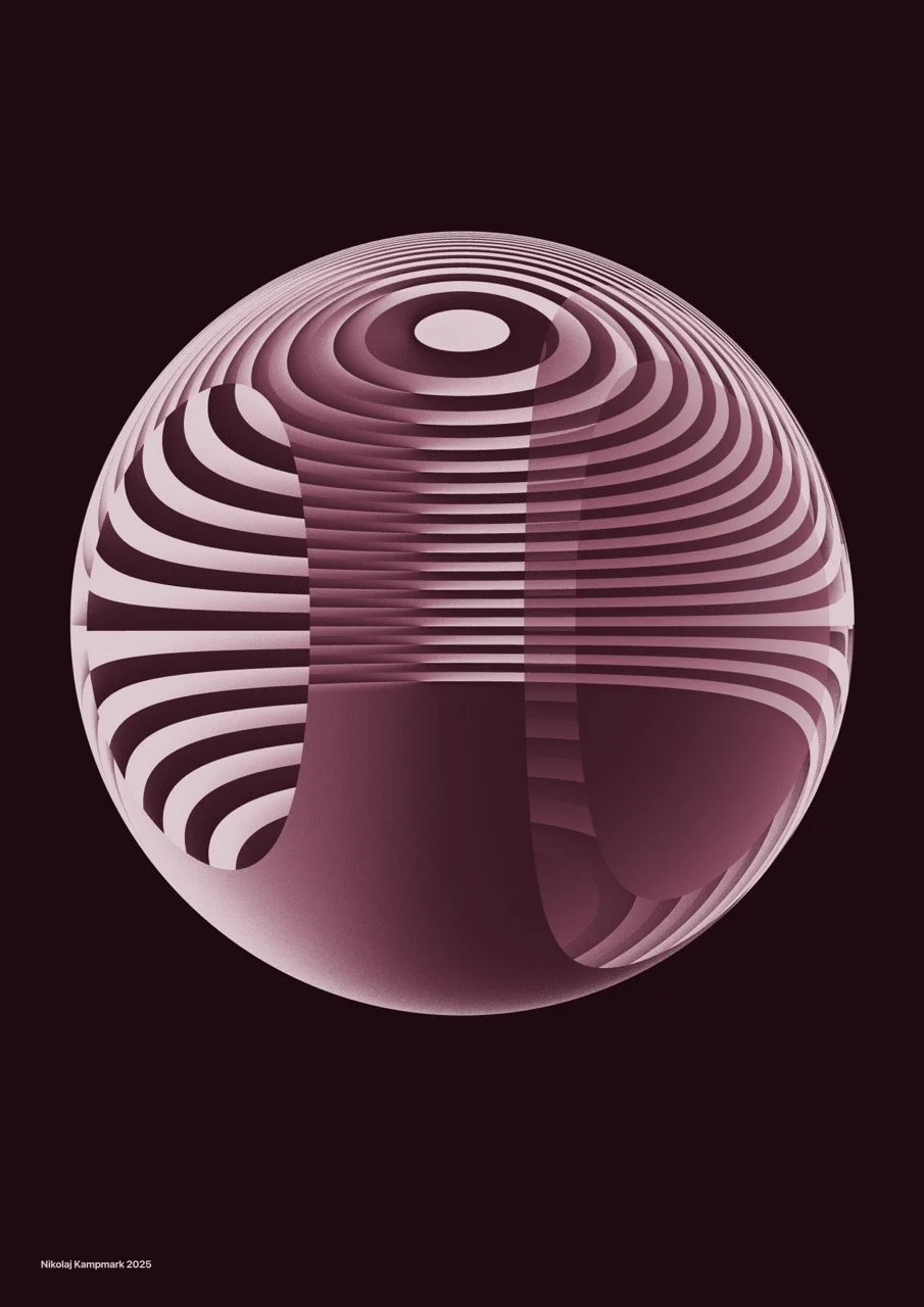 A 3D digital art representation of a sphere with striped patterns and concentric circles in shades of pink, purple, and white against a dark background.