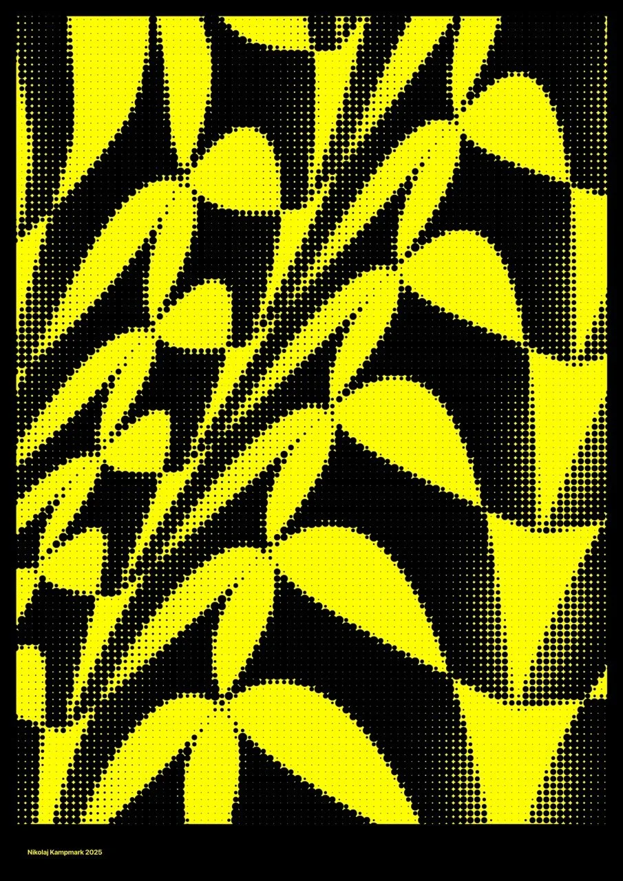 A colorful abstract geometric pattern featuring yellow and black shapes with a dotted halftone effect.