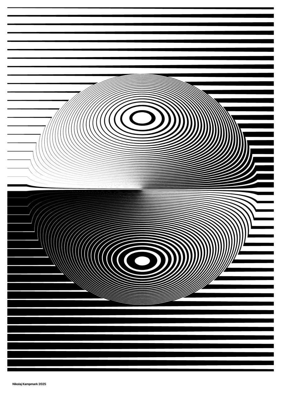 Optical illusion artwork with black and white concentric circles forming two large sphere shapes, with horizontal lines in the background and foreground.