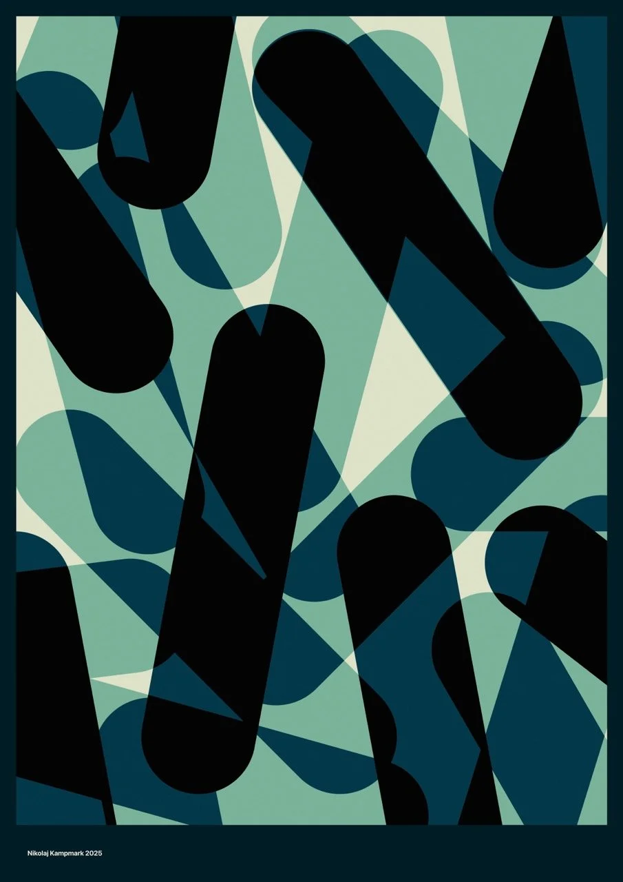 Abstract artwork featuring black mescaline shapes on a background of green, blue, and teal curved forms.