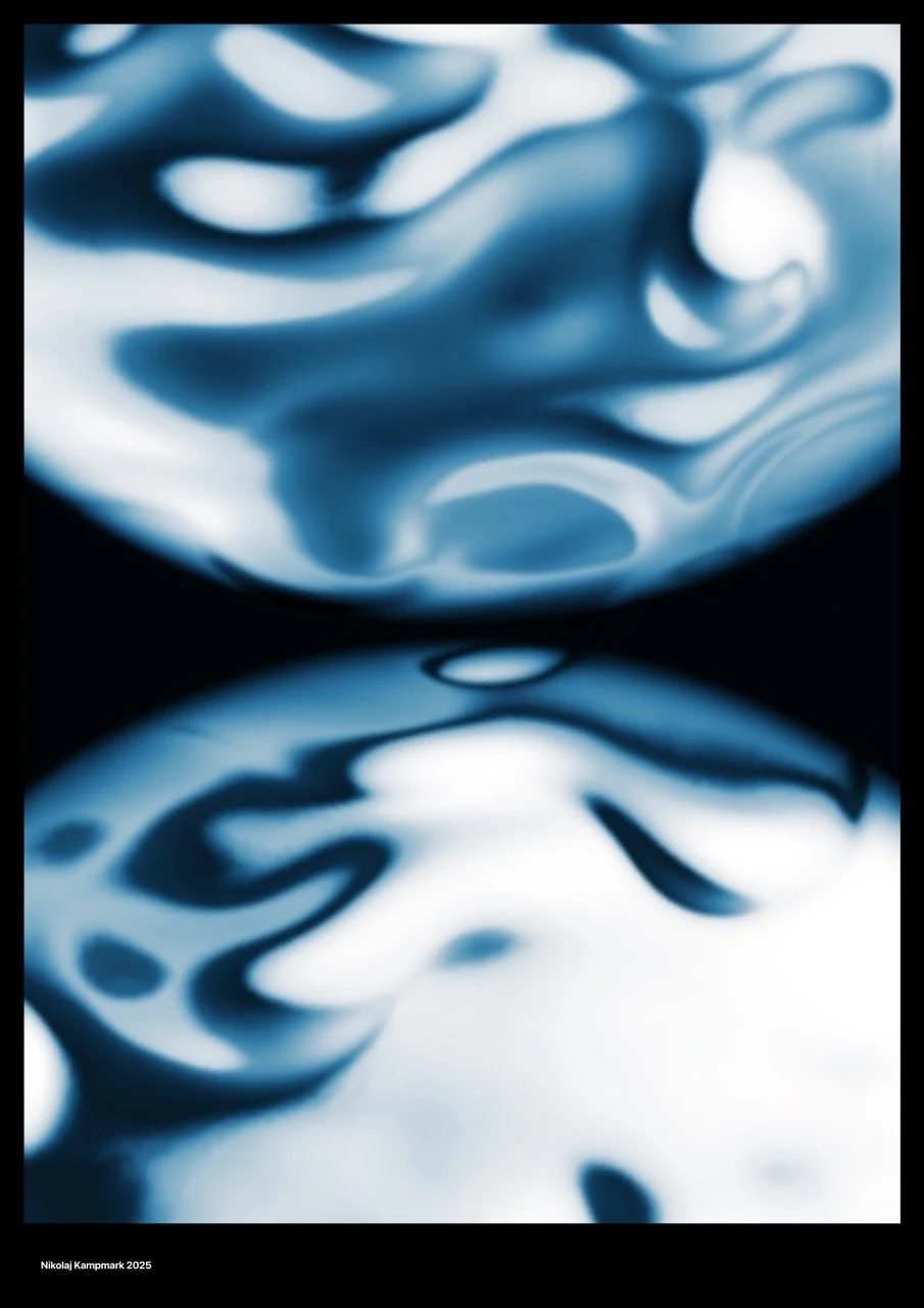 Close-up of a smooth, abstract, blue and white textured surface with intricate swirls and patterns, reflected on a shiny surface below.