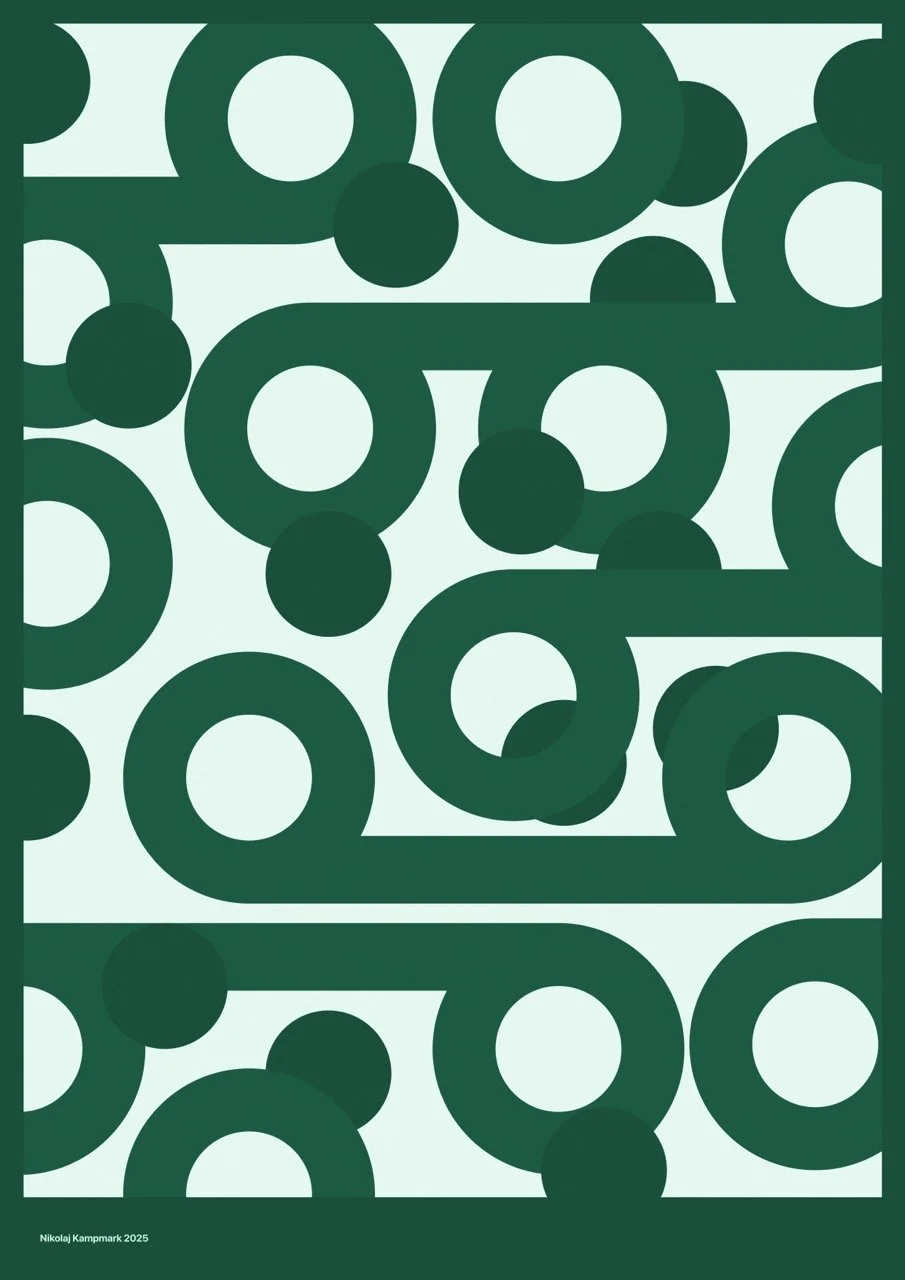 Abstract design with overlapping dark green circles and curved shapes on a light background, with small text at the bottom left reading 'Nikolaj Kamprank 2025'.