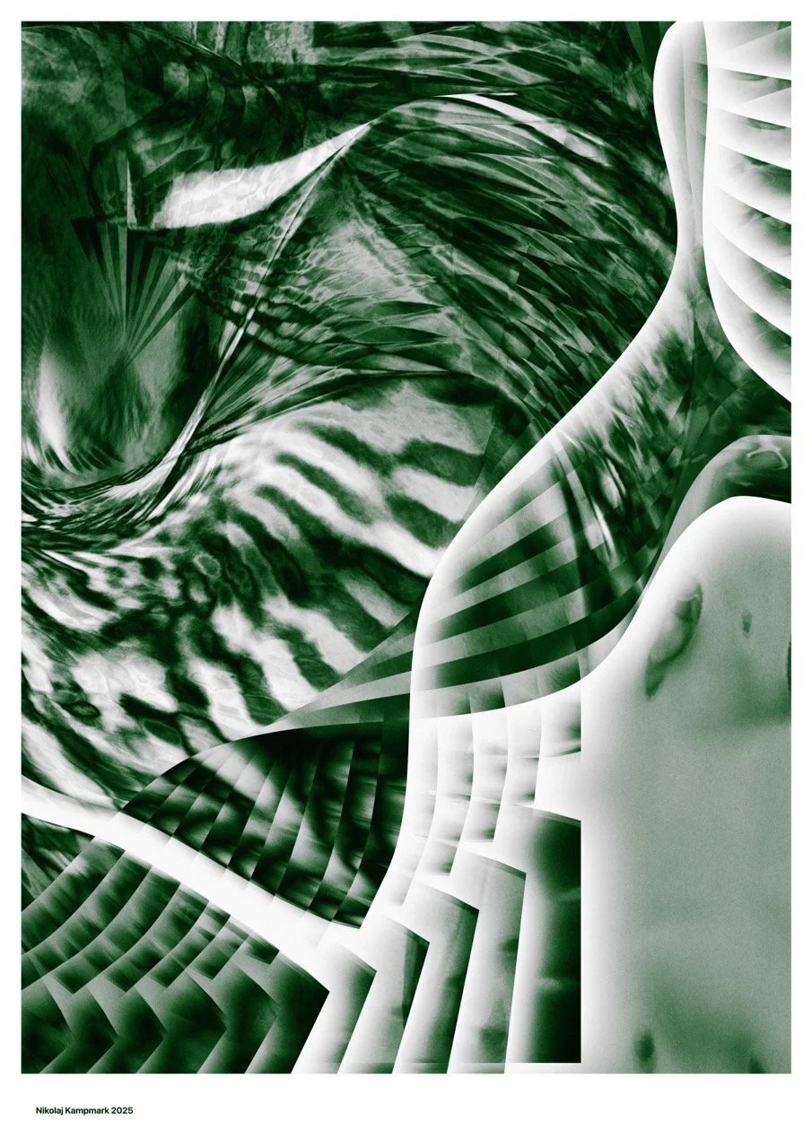 Abstract digital artwork with green and white flowing, striped, and geometric patterns.