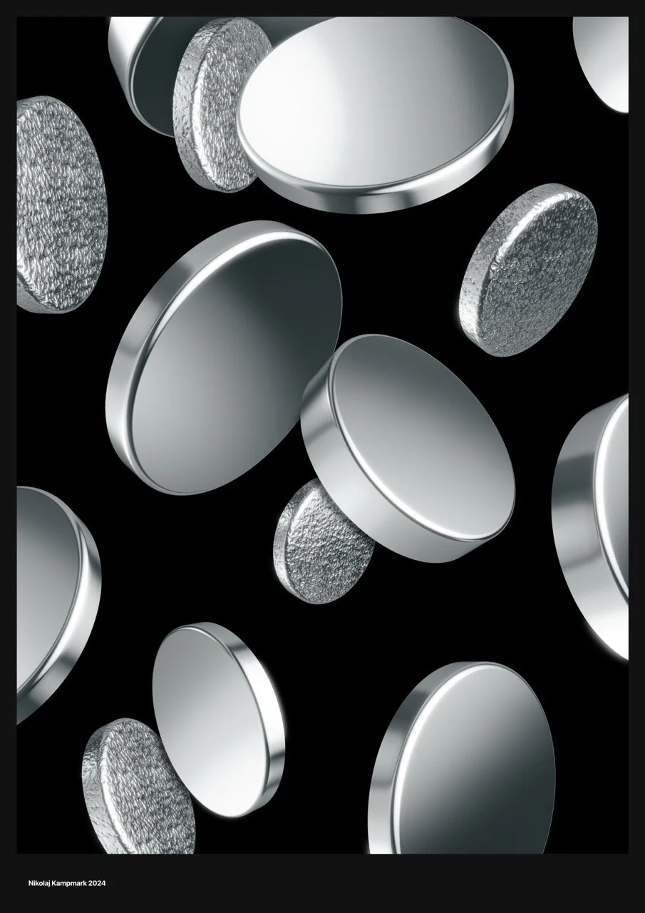 Falling metallic silver coins against a black background.