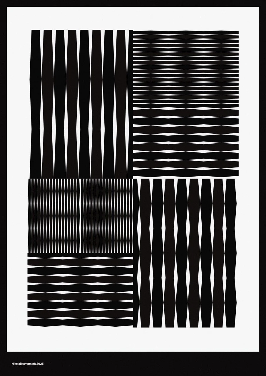 An abstract black and white geometric artwork with four quadrants of vertical and horizontal lines and shapes creating optical illusions. The top left and bottom right quadrants feature tall, narrow diamond shapes, while the top right and bottom left