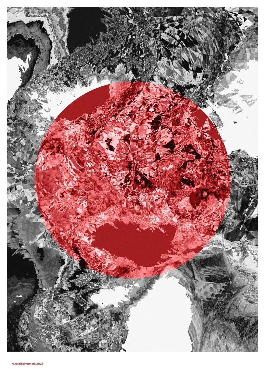 A digital artwork featuring a cracked diamond background with a large red circle overlay. The diamond pattern appears shattered and fragmented, creating an abstract visual effect.