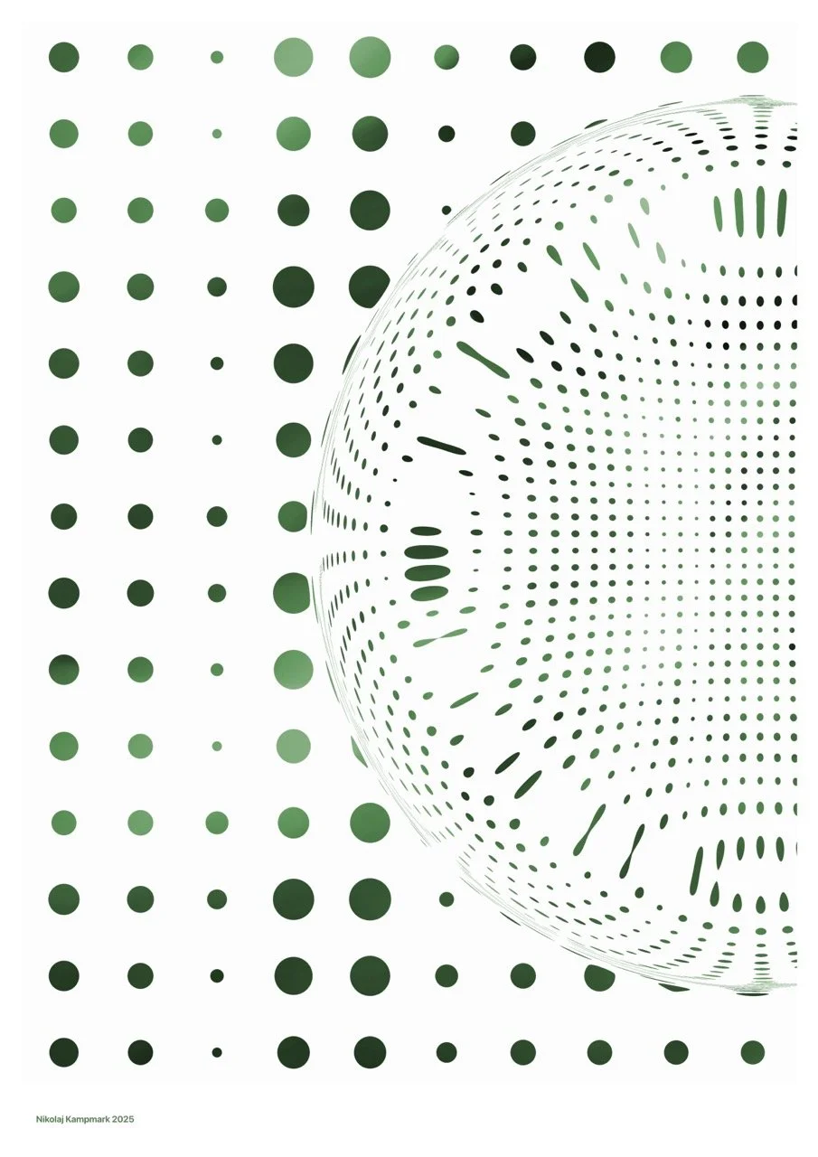 Abstract digital art featuring a large sphere with elliptical patterns on a background of green dots on a white background, resembling a three-dimensional globe surrounded by a dotted pattern.