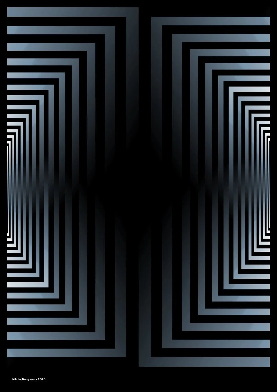A geometric optical illusion featuring black and gray lines creating a tunnel or vortex effect, with a central dark circle and the artist's name Nikolaj Kamparm 2025 in small text.