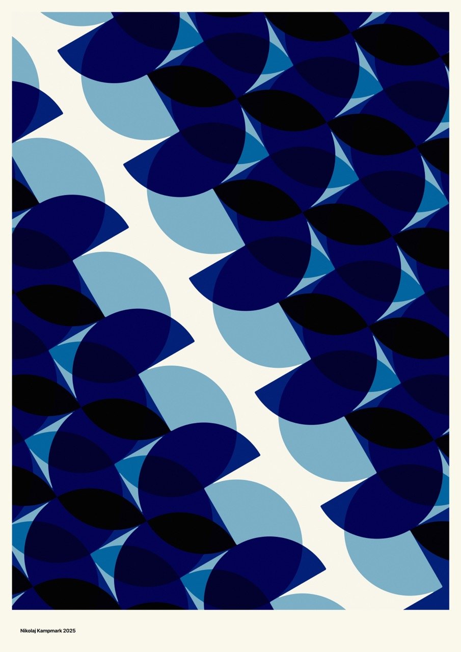 An abstract geometric pattern with overlapping dark blue, navy, black, and light blue shapes resembling leaves or petals on a white background.
