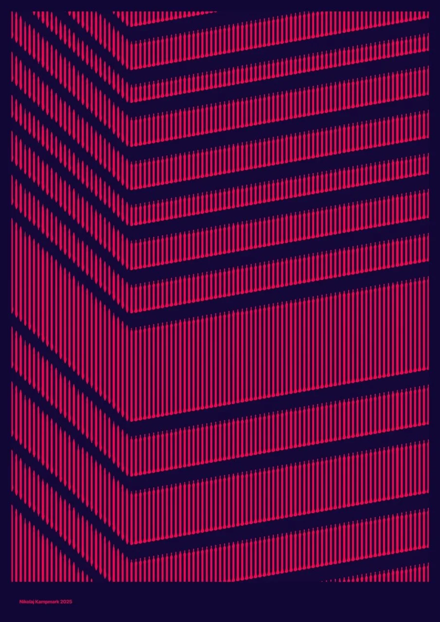 A visual artwork with multiple horizontal layers of pink arrow shapes forming a layered pattern against a dark background, creating a 3D illusion of a stacked structure.