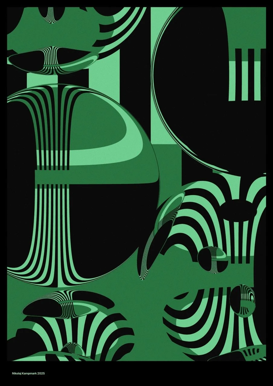 Abstract digital art with green, black, and white geometric shapes and striped patterns, resembling stylized mushrooms or organic forms.