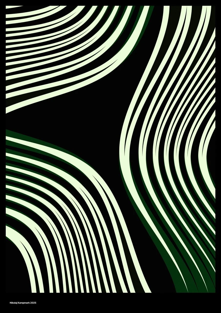 Abstract black background with flowing pale green and dark green curved lines creating a wave pattern.