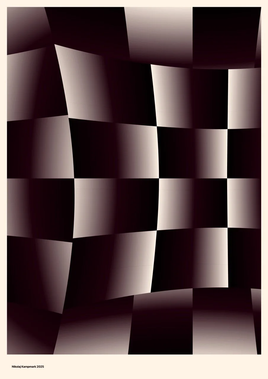 Abstract digital artwork featuring a black, white, and gray checkerboard pattern with a warped, three-dimensional appearance.