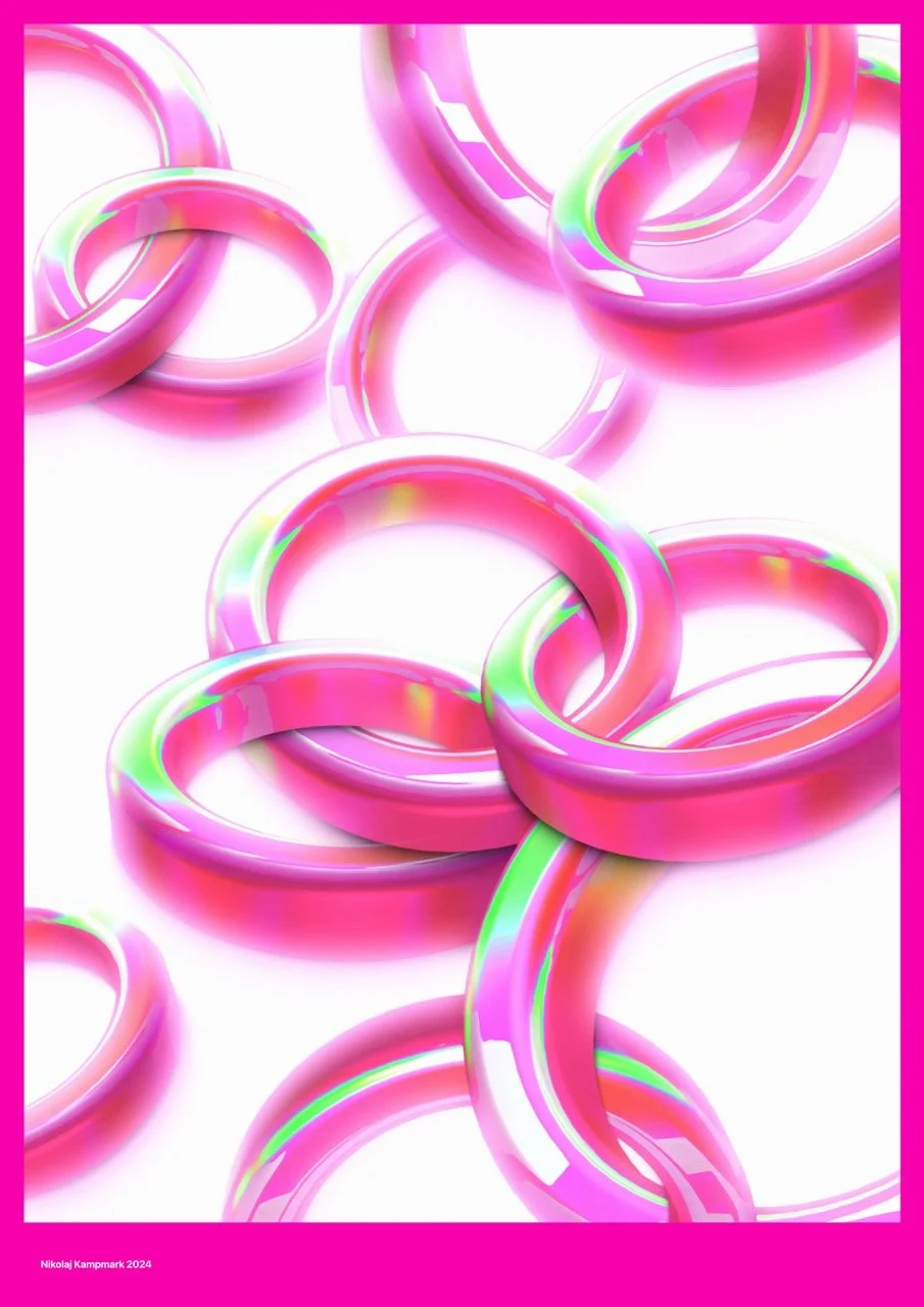 A collection of shiny pink rubber bands with neon green accents, scattered on a white background.