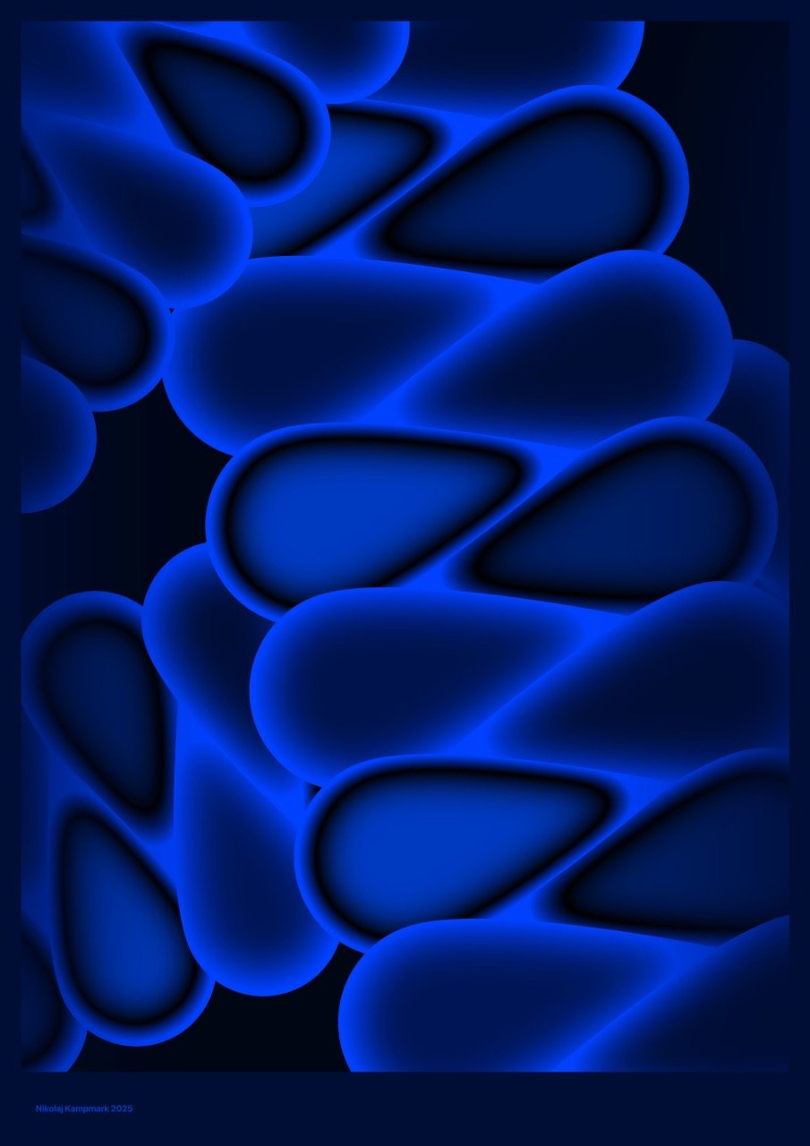 Abstract digital artwork featuring glowing blue oval and teardrop shapes with soft edges on a dark background.