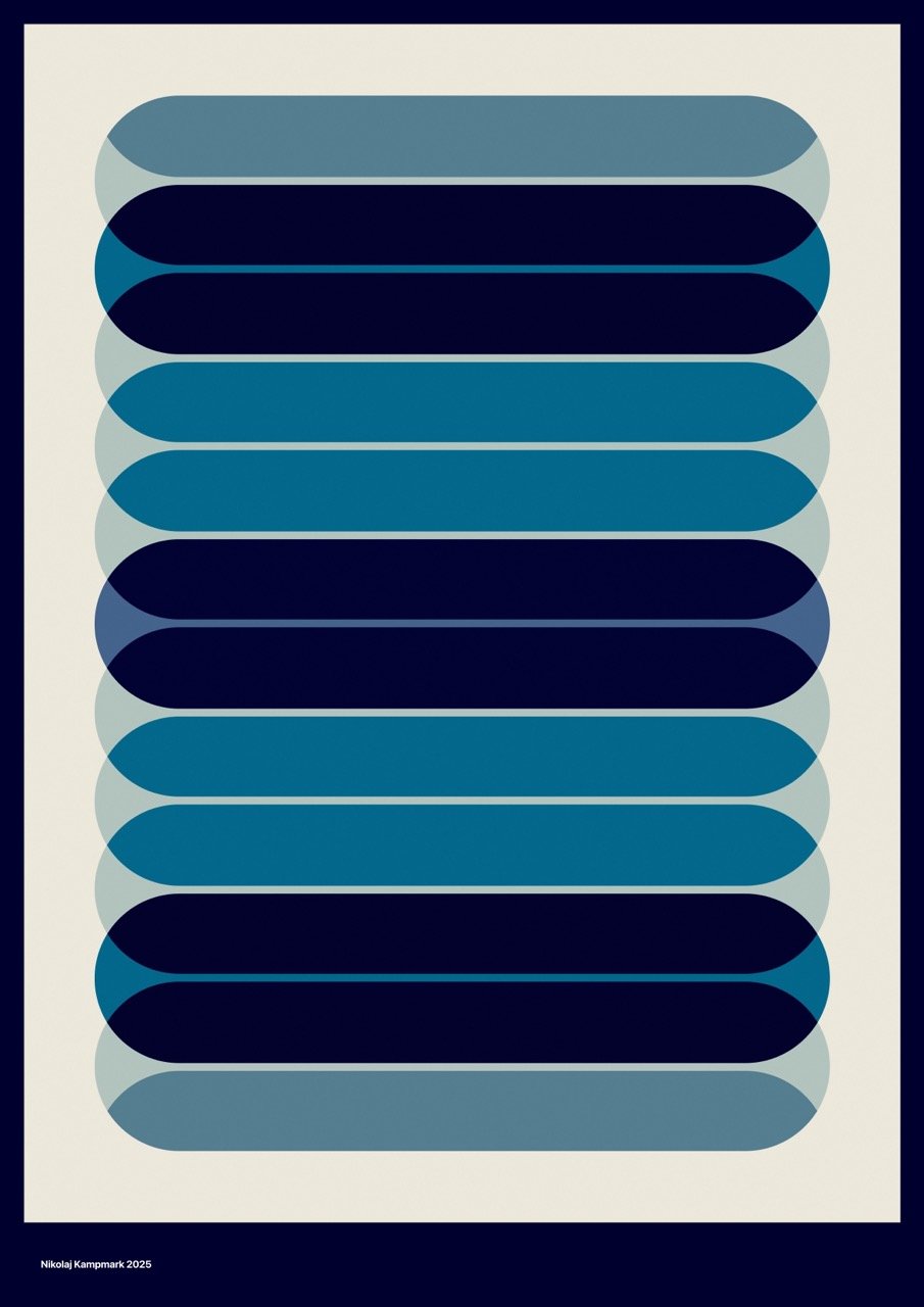 Abstract artwork with horizontal oval shapes in varying shades of blue, arranged in a vertical pattern with a light background and dark border.