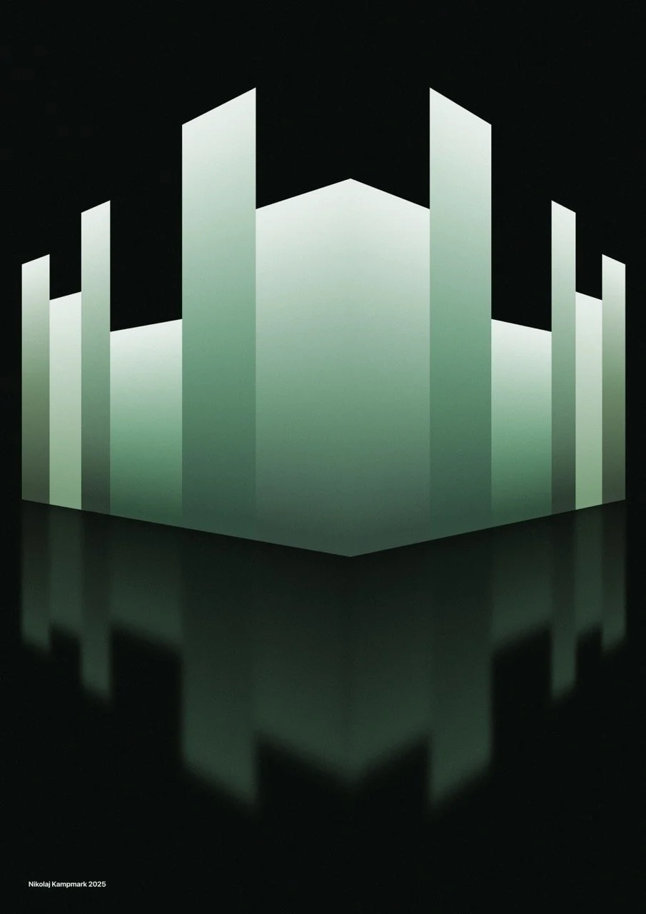 Sculpture of illuminated geometric shapes resembling a stylized face or mask, with a dark background and reflection on a black surface.