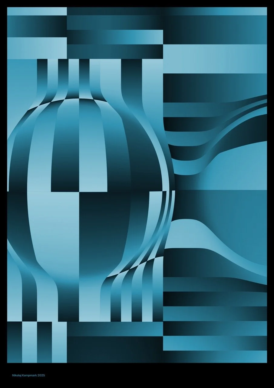 Abstract digital artwork featuring geometric shapes and gradients in shades of blue, resembling a stylized globe or object with curved and layered lines.