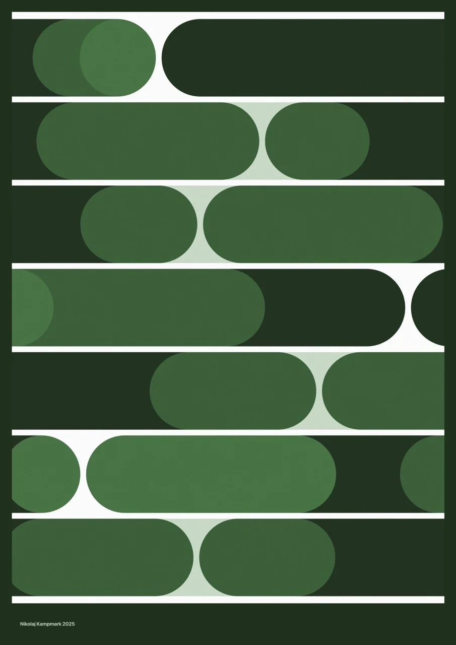 Abstract graphic design with horizontal white lines and various green and dark green oval shapes arranged in rows.