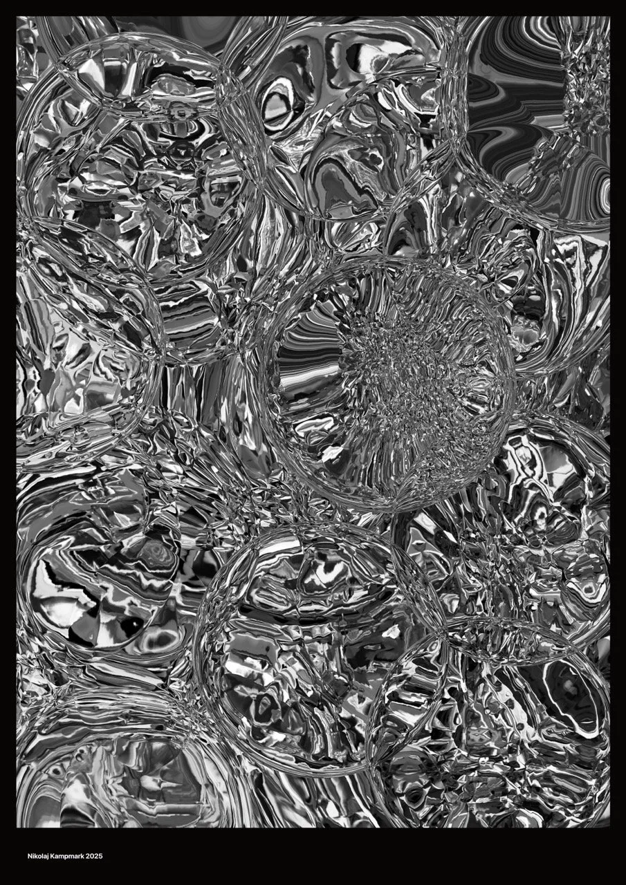 Abstract black and white digital artwork with intricate swirling patterns and textures resembling a cluster of metallic or glass spheres and fragments.