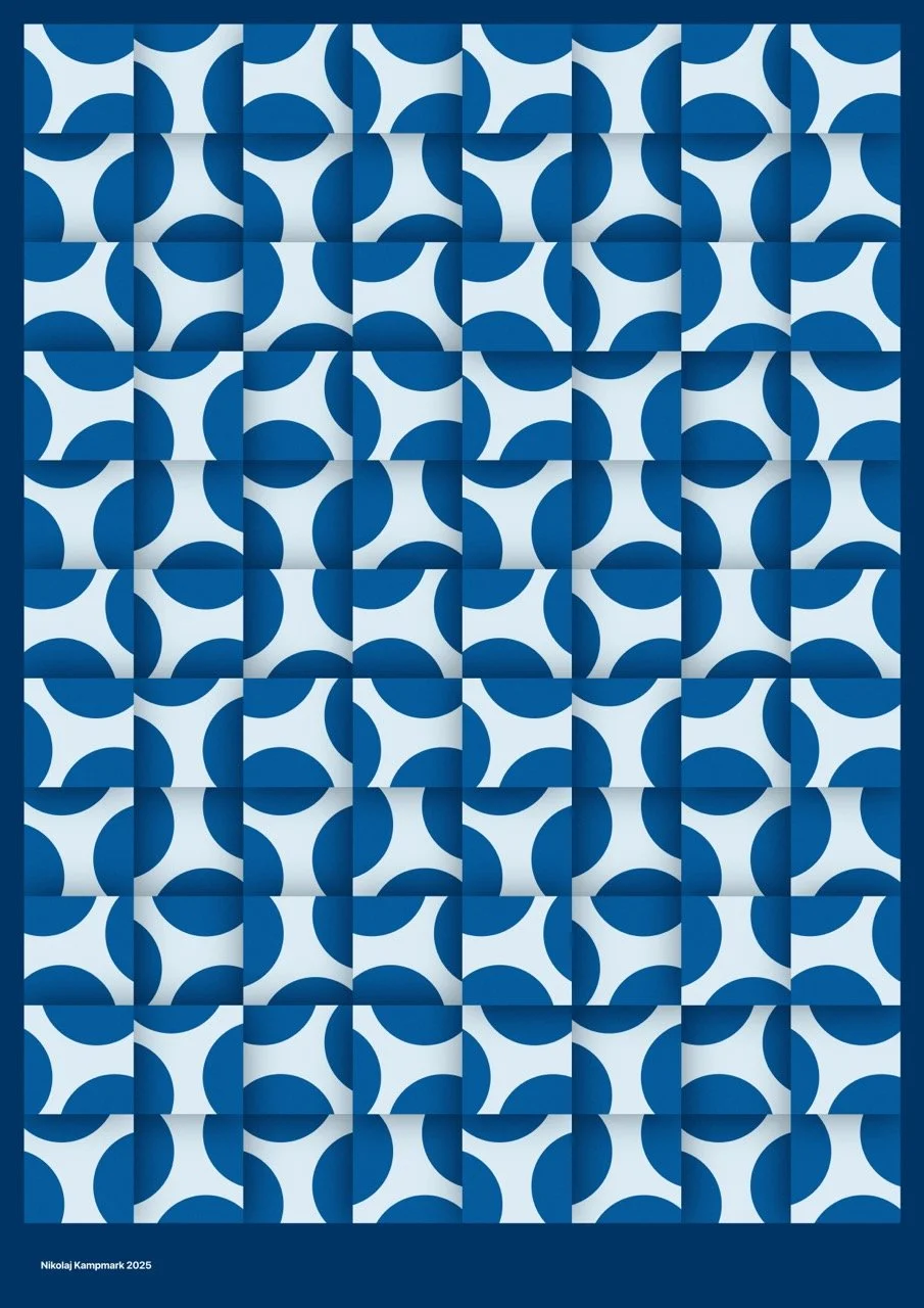 A geometric pattern featuring blue and white abstract shapes arranged in a grid, creating a repetitive and symmetrical design.