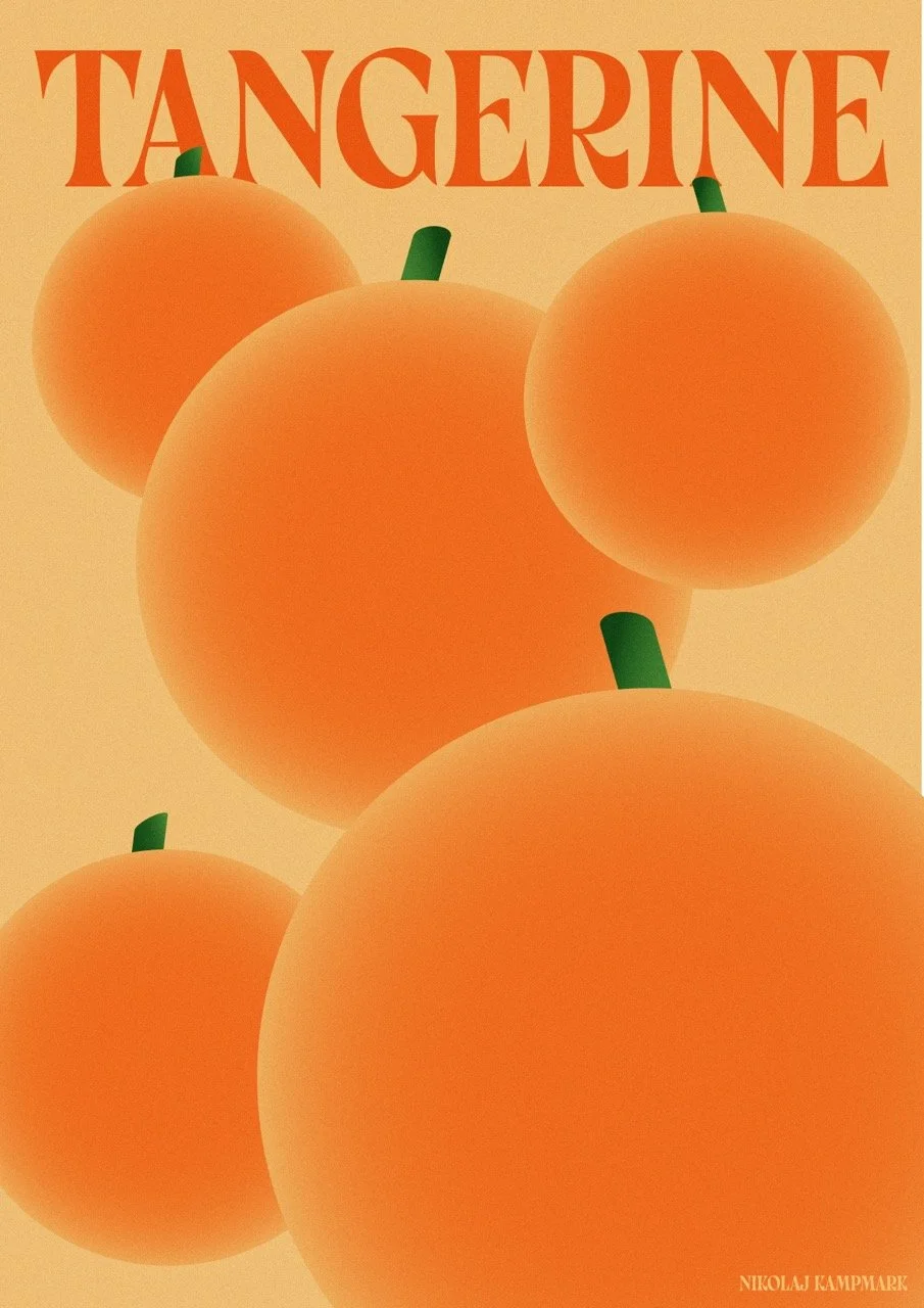 Illustration of five orange tangerines with green stems against a light orange background. The word "TANGERINE" is written at the top in large red letters.