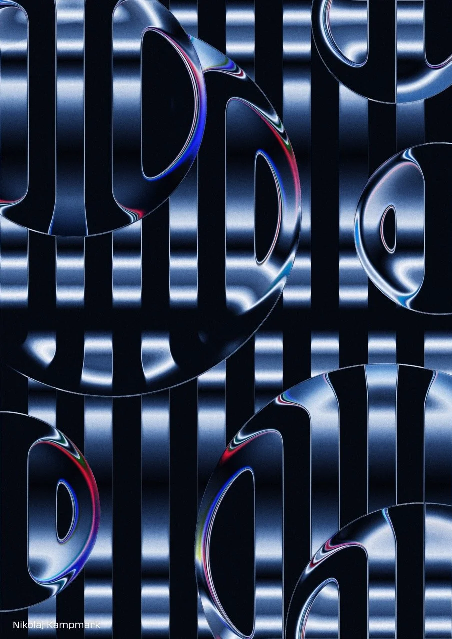 Abstract digital artwork featuring reflective, metallic numbers and black vertical lines in the background.