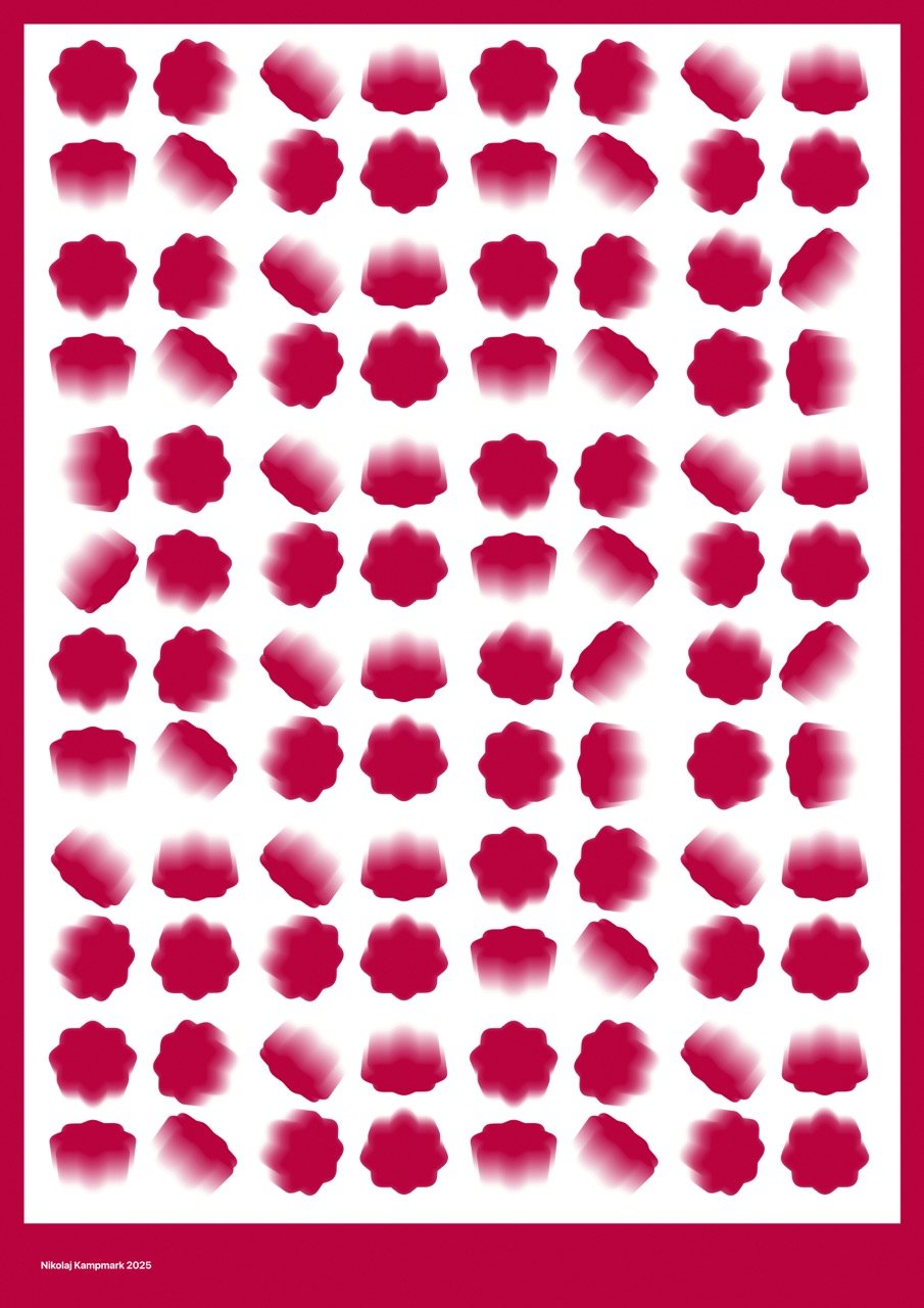 Red flower-shaped pattern with white background and a red border, created by Nikolaj Kampark in 2025.