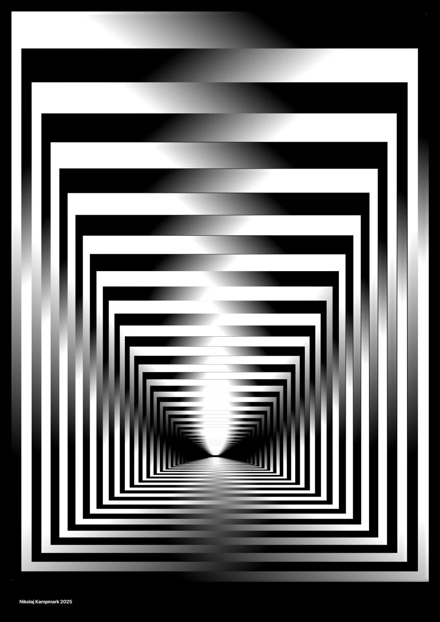 Black and white geometric optical illusion with repeated squares creating a tunnel effect, with light at the center.